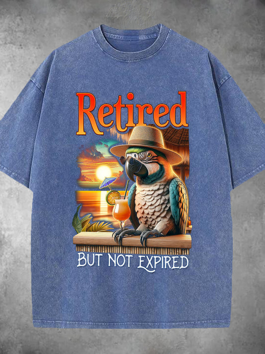 Retired But Not Expired Parrot Print Washed Short Sleeve Round Neck Men's T-shirt
