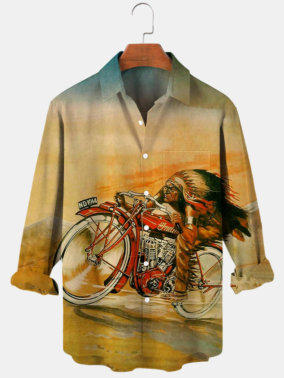 Vintage Indian Motorcycle Long Sleeve Men's Shirts With Pocket
