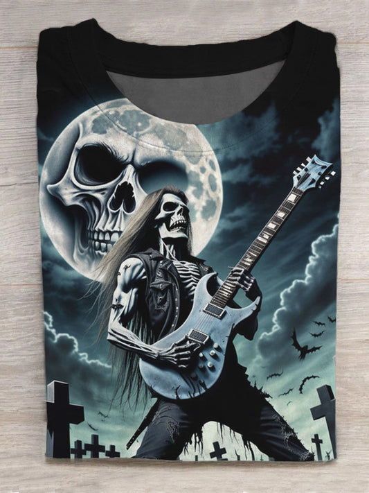 Heavy Metal Rock Skull Playing Guitar Print Round Neck Short Sleeve Men's T-shirt