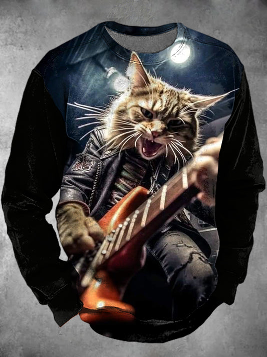 Personalized Crazy Rock Cat Print Round Neck Long Sleeve Men's Top