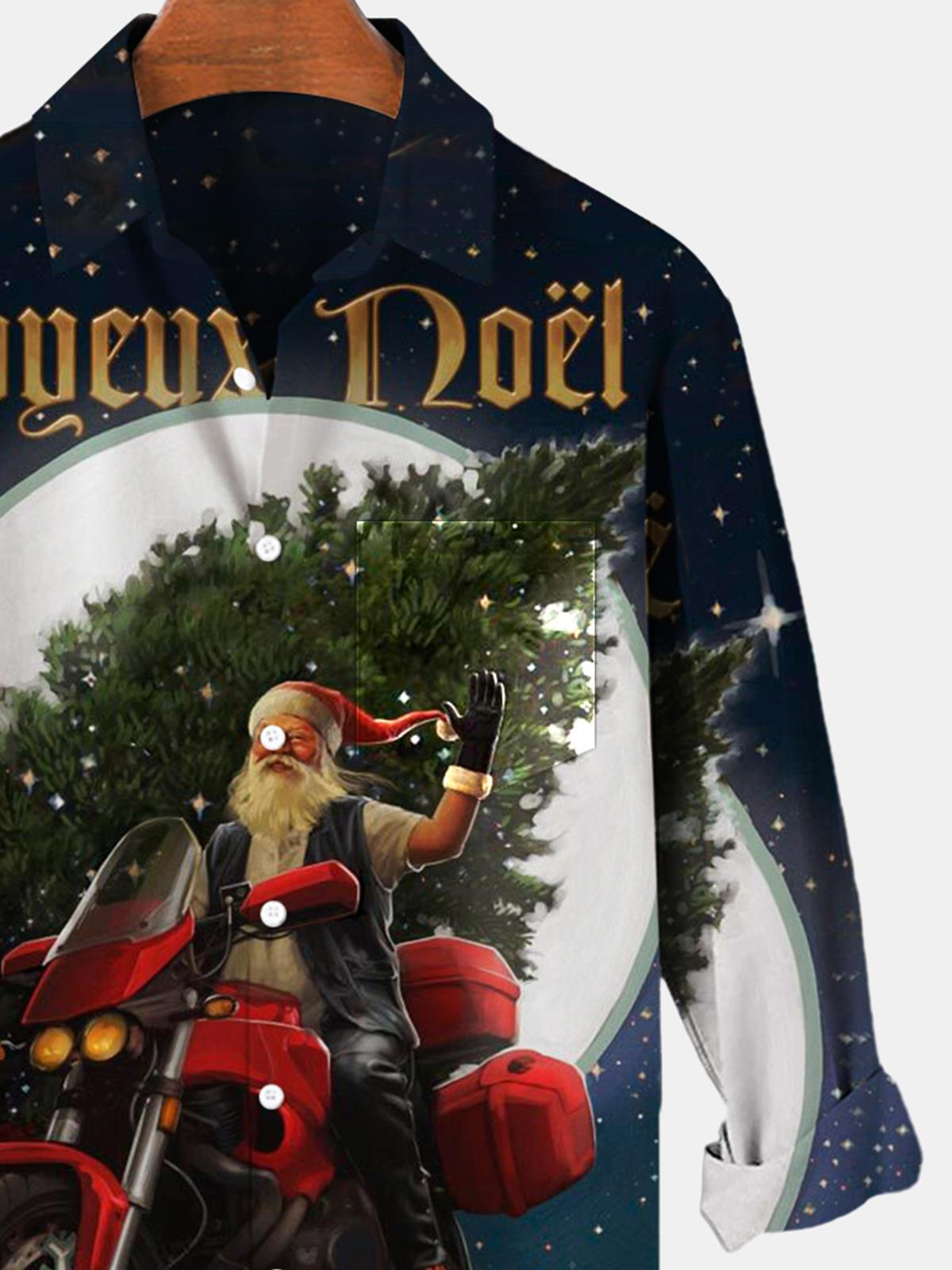 Santa Claus Motorcycle Long Sleeve Men's Shirts With Pocket
