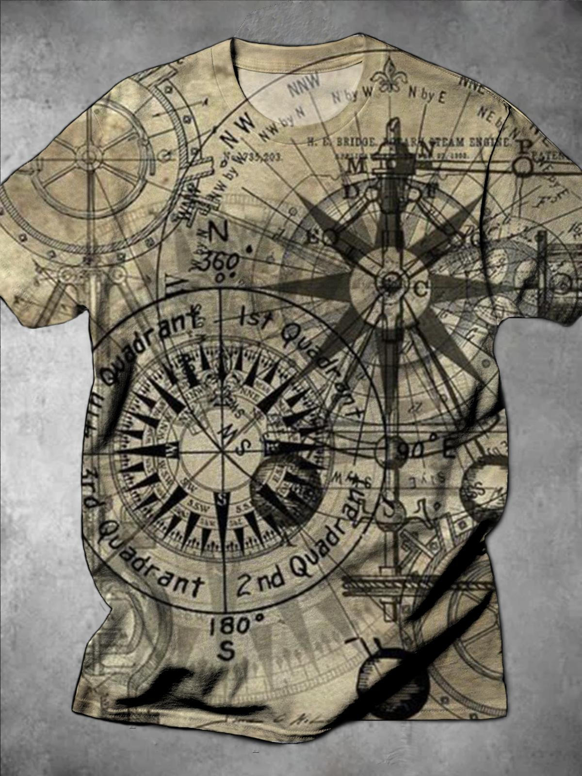 Vintage Navigation Map Compass Printed Round Neck Short Sleeve Men's T-Shirt