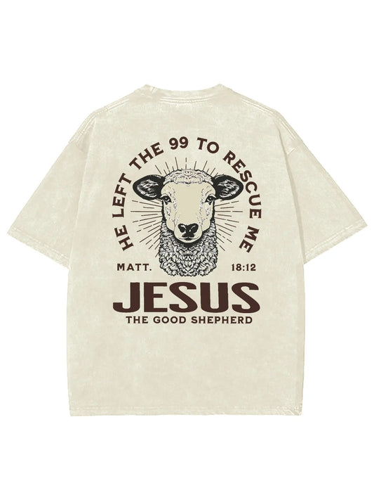 Retro Sheep Print Washed Cotton Men's Short-Sleeved Round Neck T-Shirt
