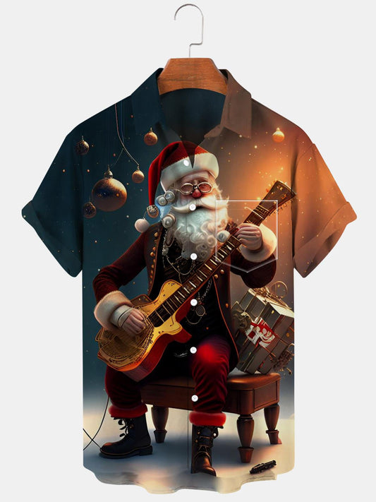 Christmas Santa Claus Guitar Short Sleeve Men's Shirts With Pocket