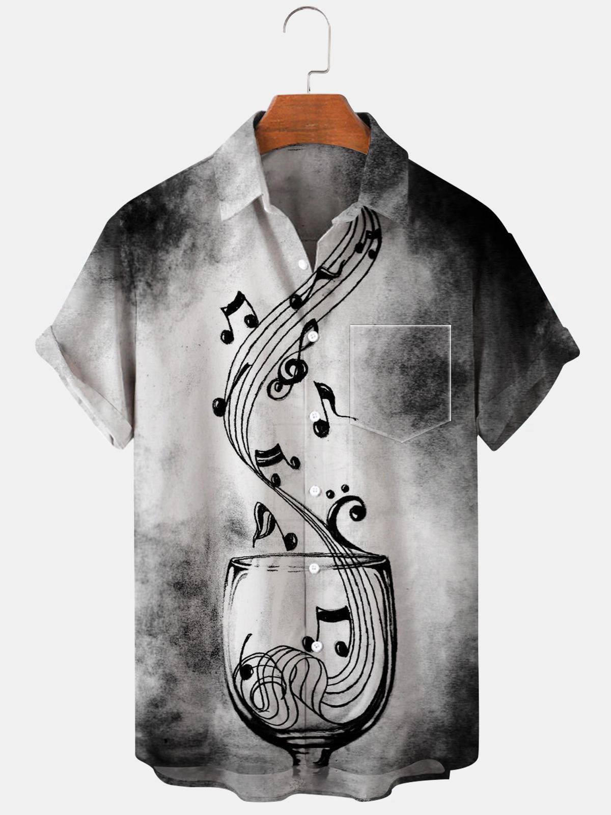Musical Note Short Sleeve Men's Shirts With Pocket