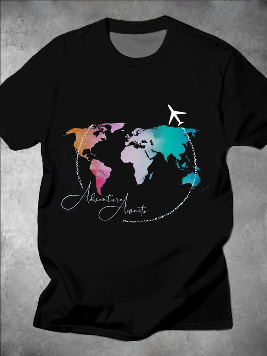 World Map Travel Round Neck Short Sleeve Men's T-shirt