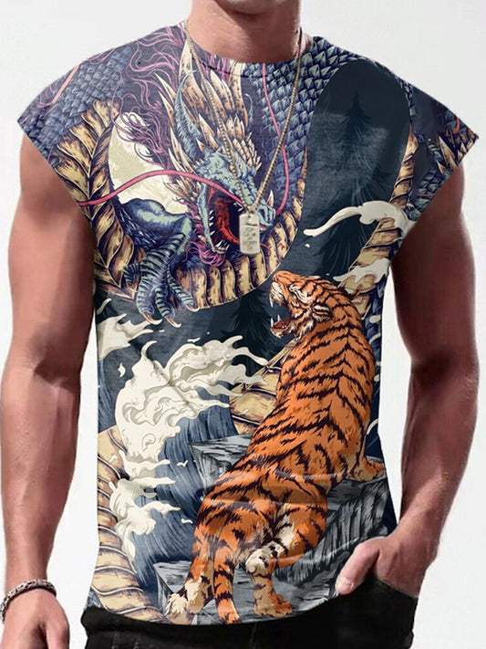 Colorful Dragon And Tiger Fighting Print Men's Sleeveless Round Neck Vest