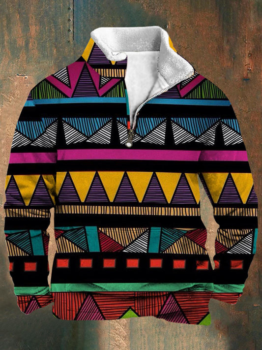 Ethnic Pattern Print Men's Long Sleeve Stand Collar Zipper Sweatshirt
