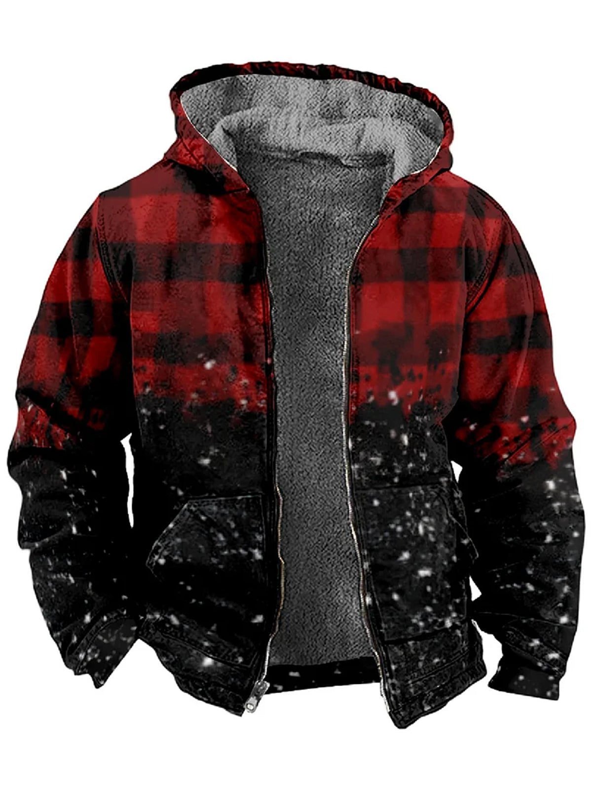 Casual Hooded Zippered Jacket With Gradient Plaid Print
