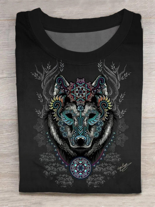 Wolf Print Round Neck Short Sleeve Men's T-shirt