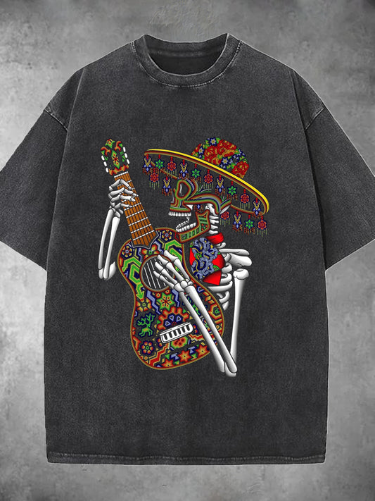 Skull Guitar Print Washed Short Sleeve Round Neck Men's T-shirt