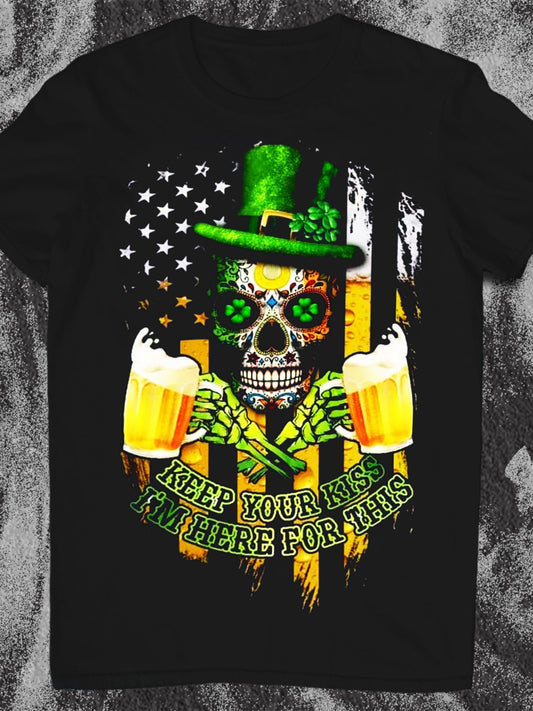Beer Skull St. Patrick's Day Print Round Neck Short Sleeve Men's T-shirt