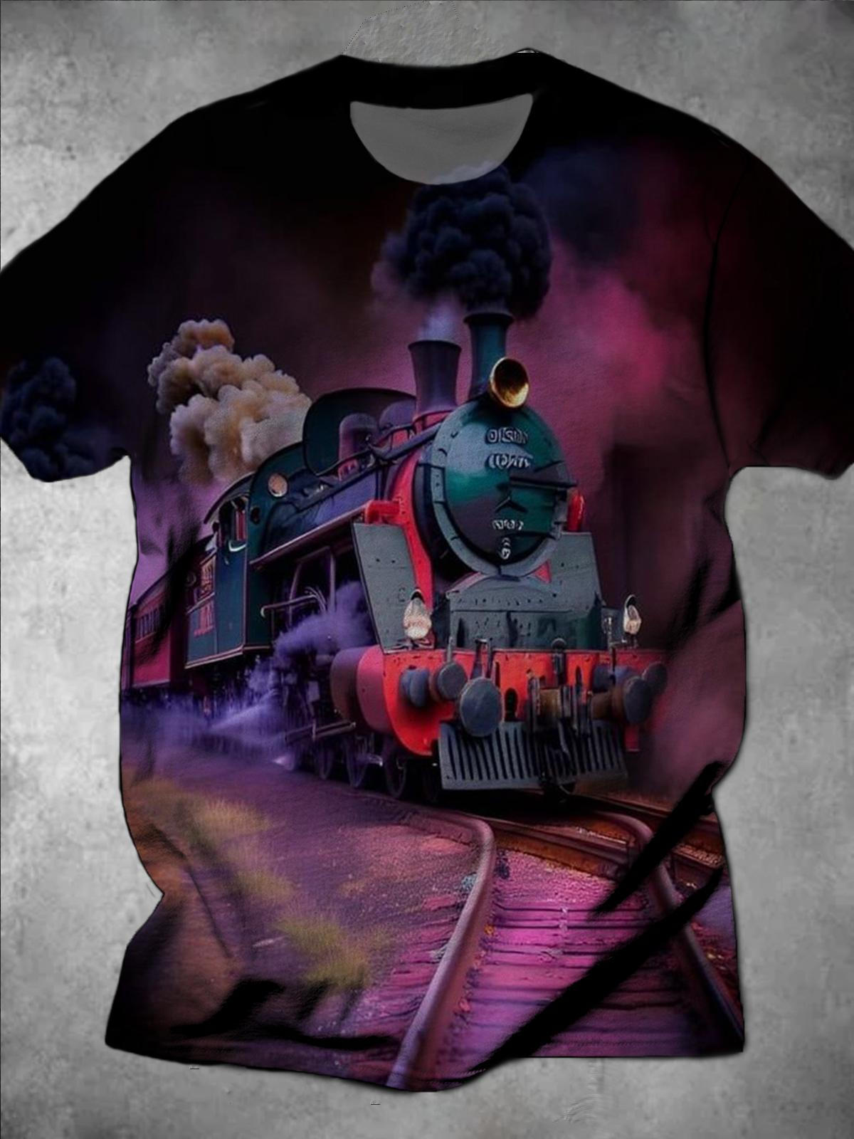 Vintage Train Print Round Neck Short Sleeve Men's T-Shirt