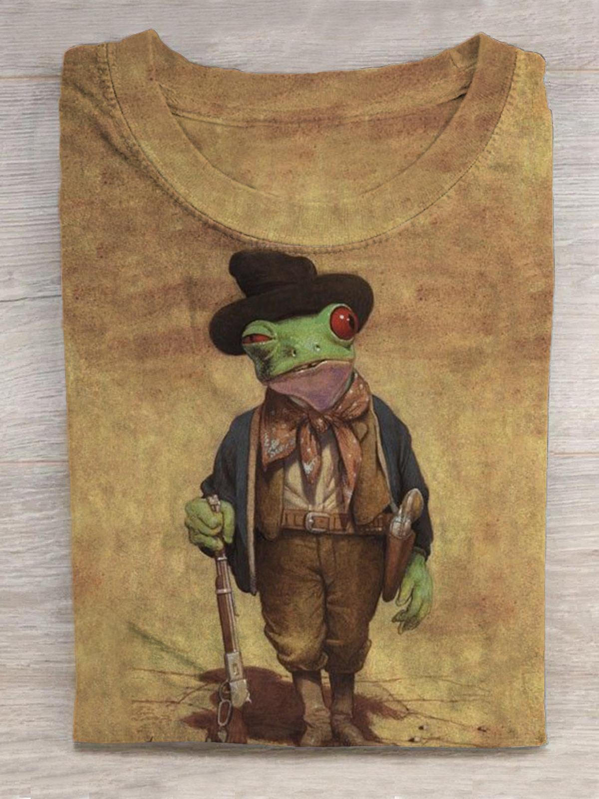 Vintage Frog Print Round Neck Short Sleeve Men's T-Shirt