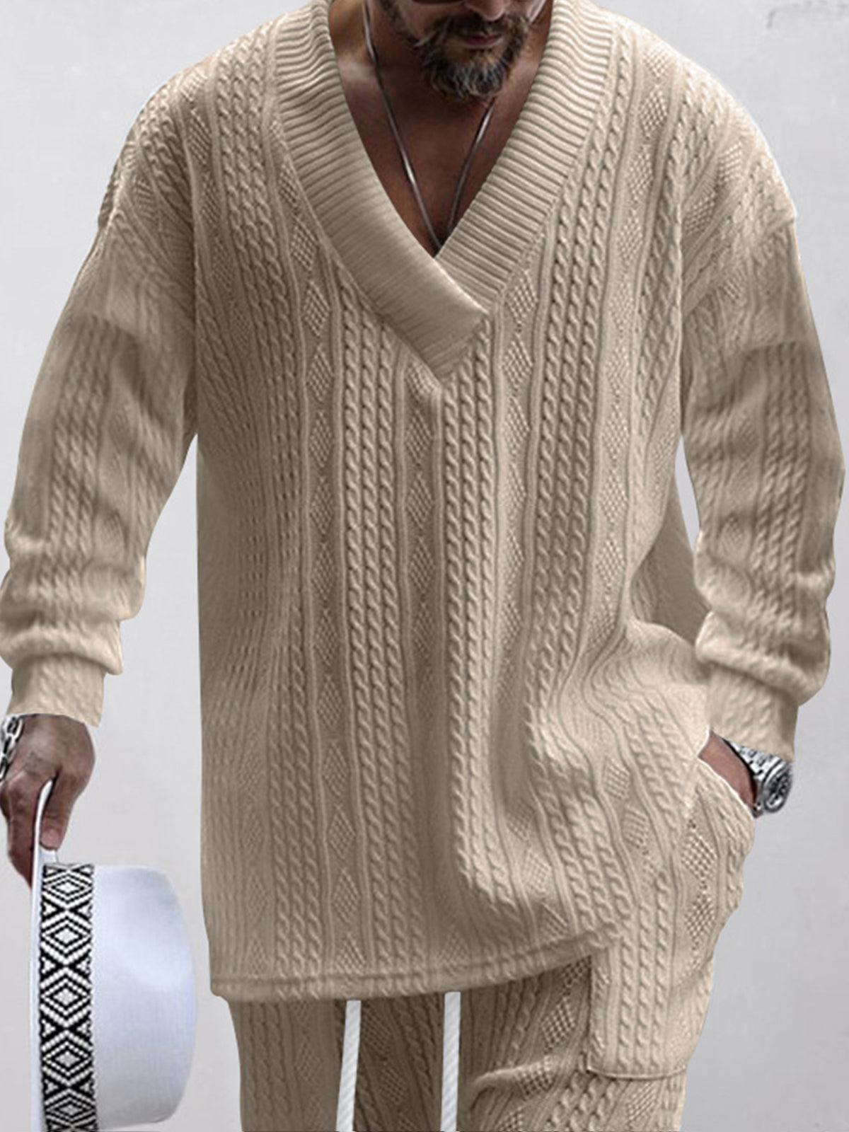 Casual Jacquard Loose Knitted Solid Color V-Neck Long Sleeve Men's Top