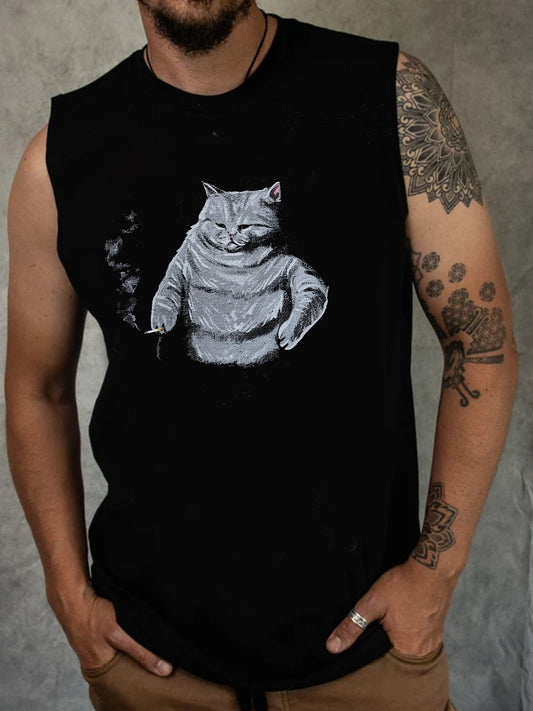 Dark Cat Smoking Print Sleeveless Men's Tank Top