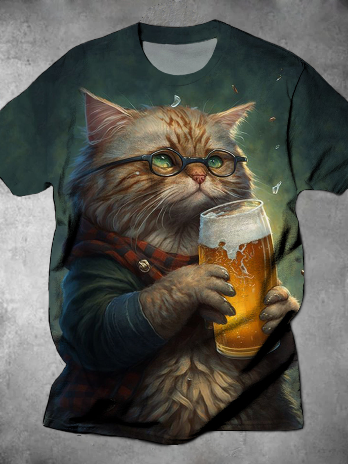 Cat Drinks Beer Print Round Neck Short Sleeve Men's T-shirt