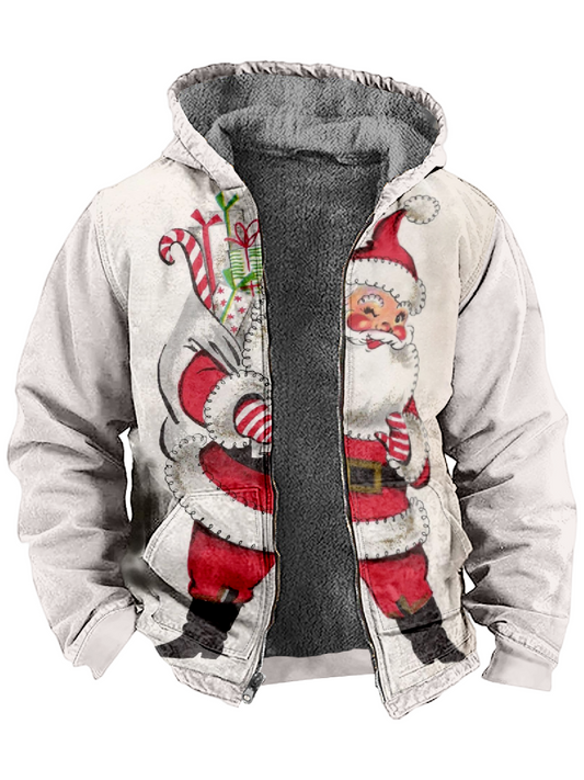 Santa Claus Print Long Sleeve Hooded Zipper Men's Jacket