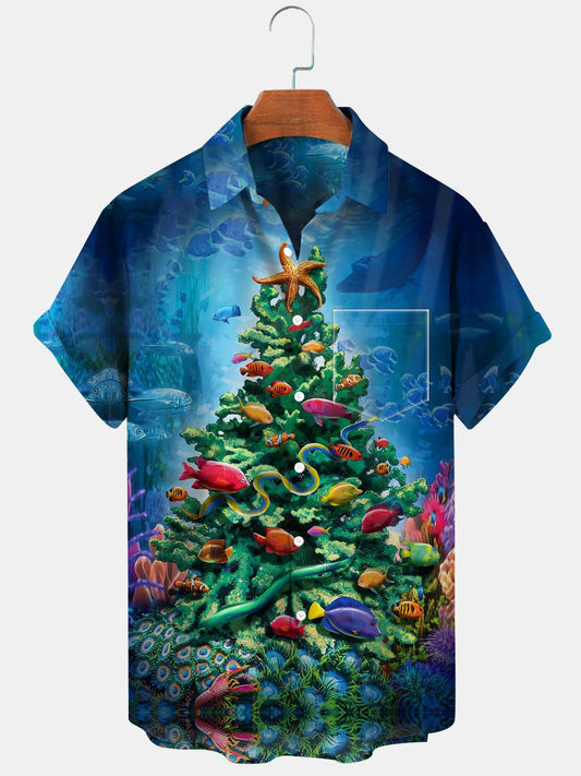 Christmas Fish Short Sleeve Men's Shirts With Pocket