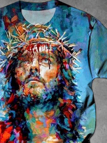 Jesus Print Round Neck Short Sleeve Men's T-shirt
