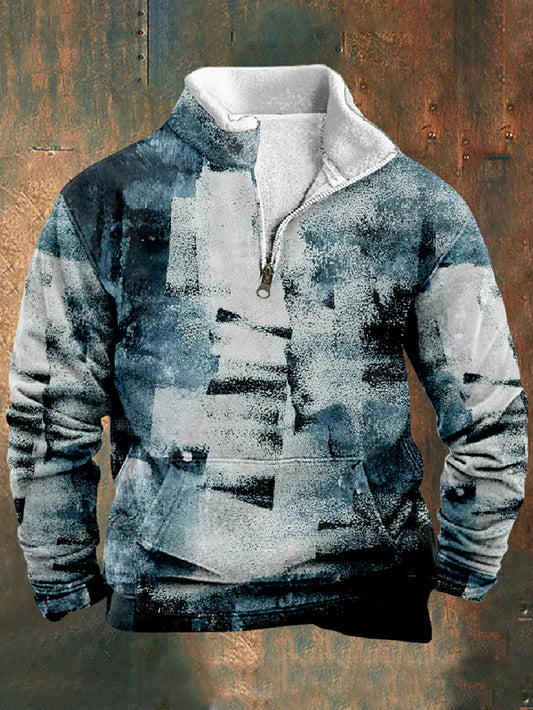 Men's Abstract Geometric Print Long Sleeve Stand Collar Zip Sweatshirt