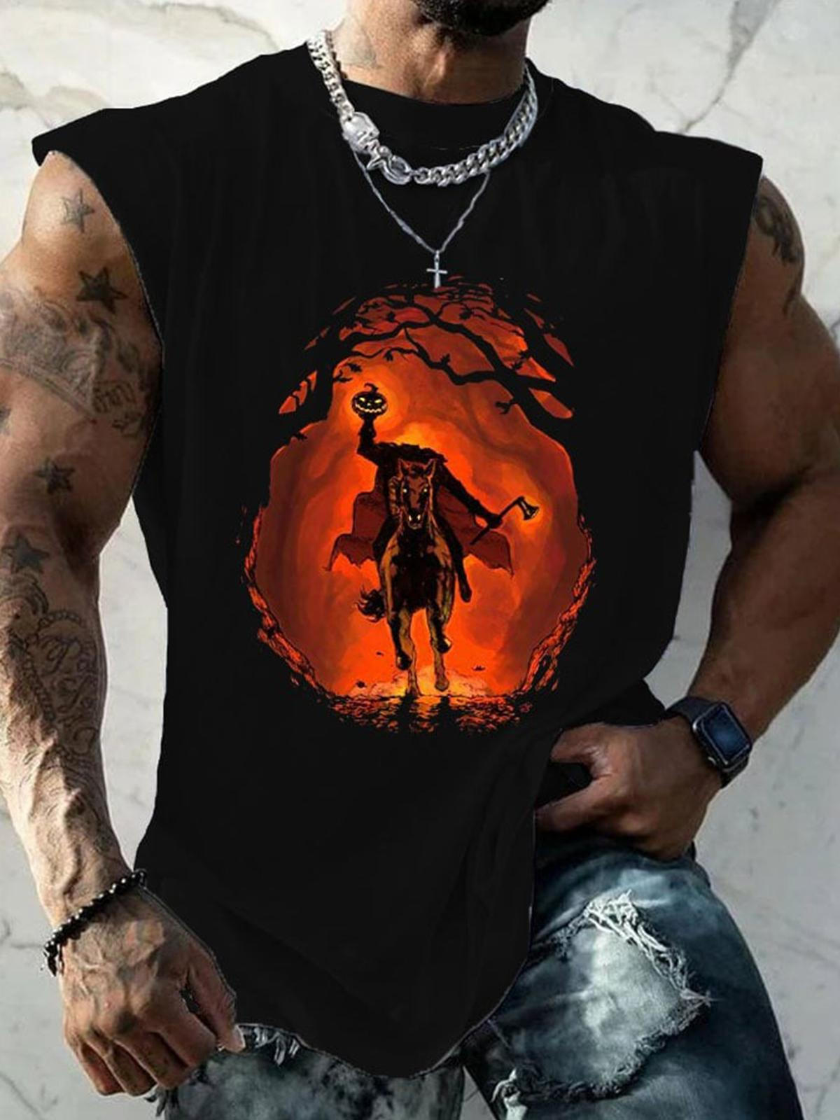 Halloween Pumpkin Horse Print Men's Sleeveless T-Shirt