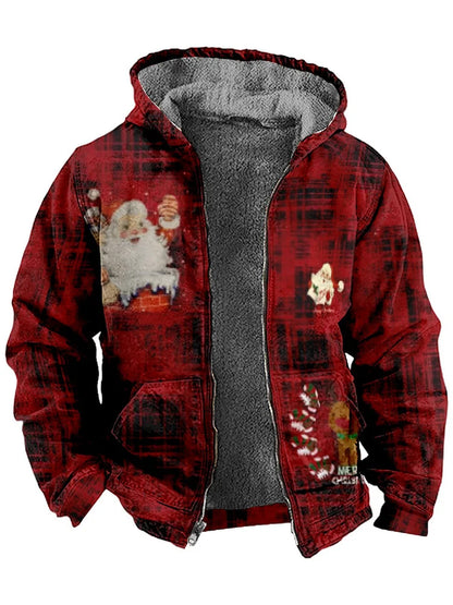 Santa Print Long Sleeve Hooded Zip Men's Jacket