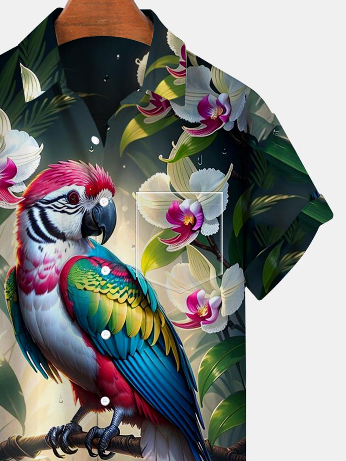 Parrot Flower Short Sleeve Men's Shirts With Pocket
