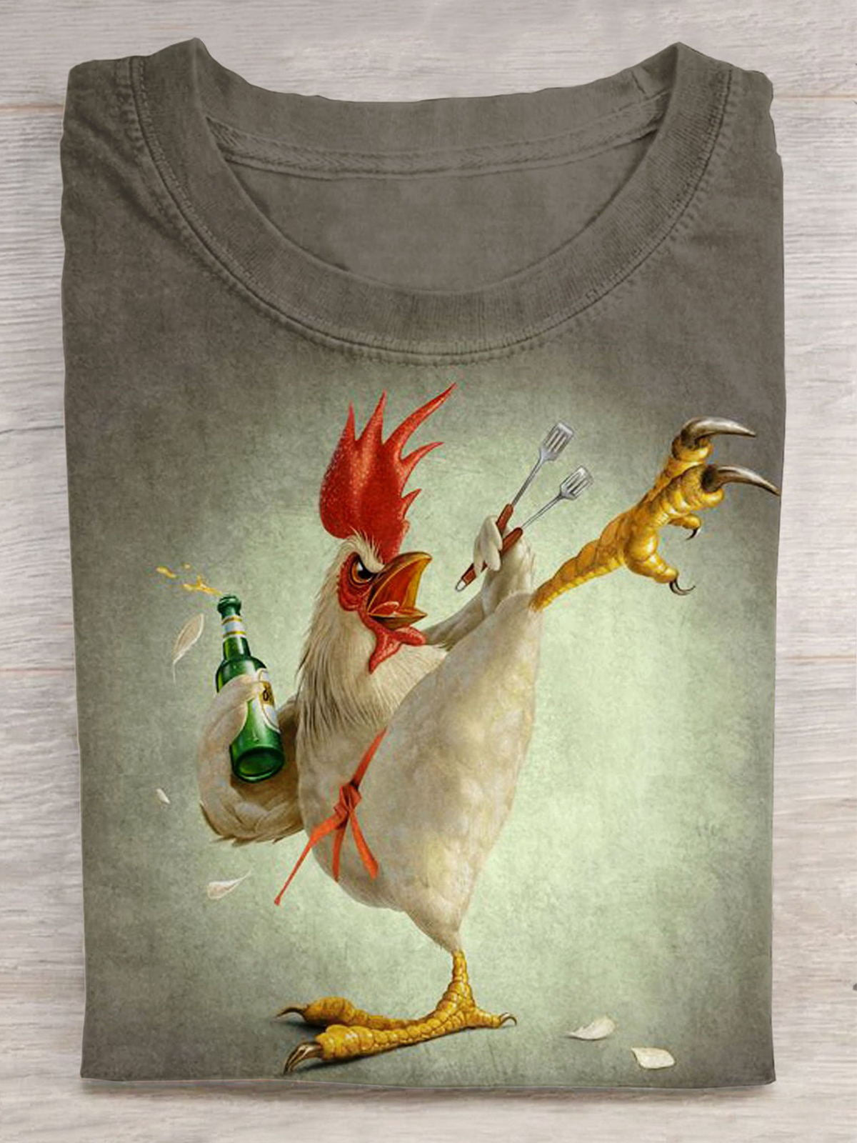 Crazy Rooster Print Round Neck Short Sleeve Men's T-shirt