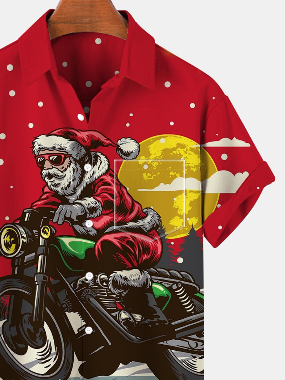 Santa Claus Motorcycle Short Sleeve Men's Shirts With Pocket