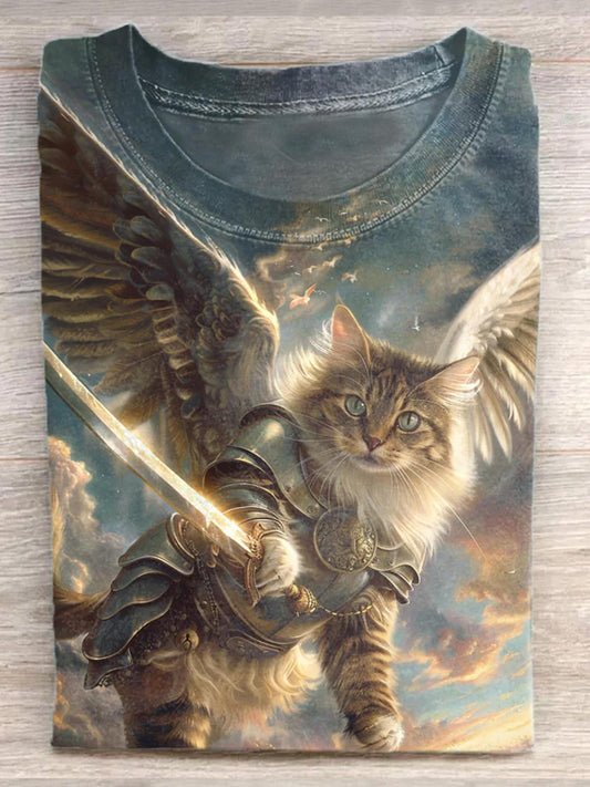 Angel Cat Print Men's Round Neck T-Shirt