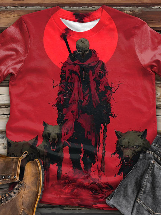 Dark Red Sun Skull Print Men's Short Sleeve T-Shirt