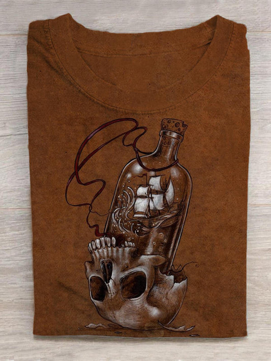Skull Ship Print Round Neck Short Sleeve Men's T-shirt