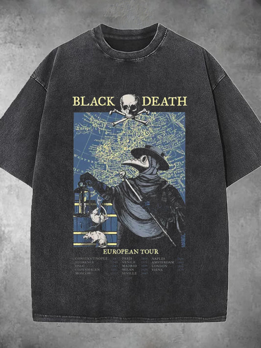 Black Death European Tour Print Washed Short Sleeve Round Neck Men's T-shirt