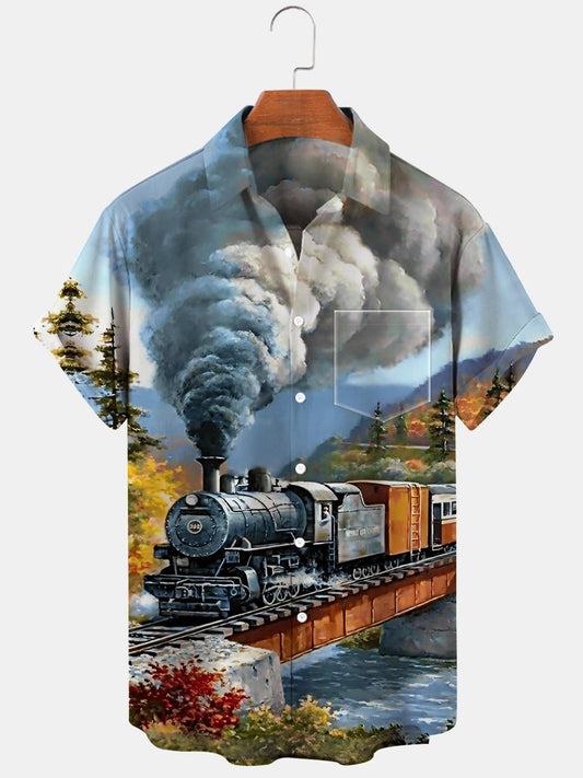 Travel Train Short Sleeve Men's Shirts With Pocket