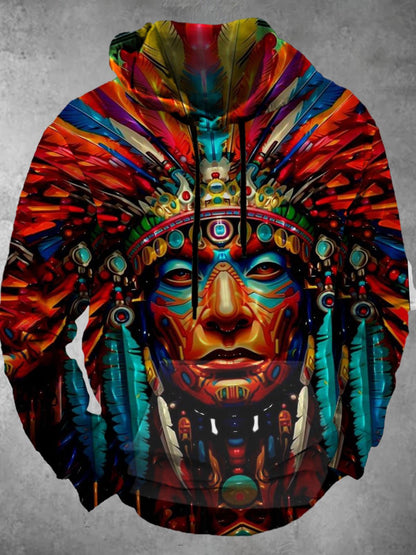 American Ethnic Tribal Print Long Sleeve Hooded Pocket Men's Top