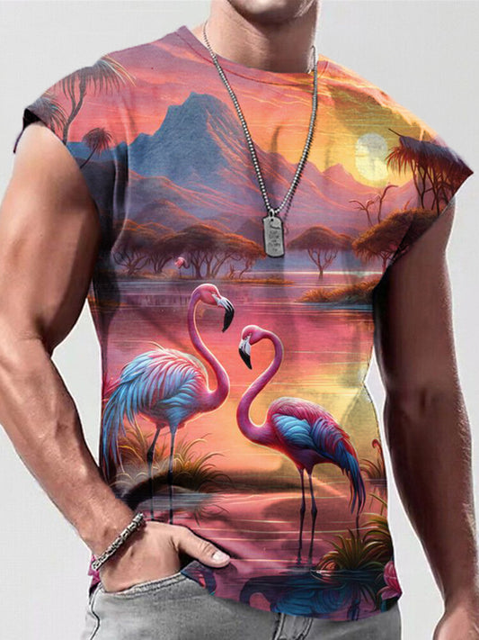 Sunset Flamingo Print Men's Sleeveless Crew Neck Tank Top