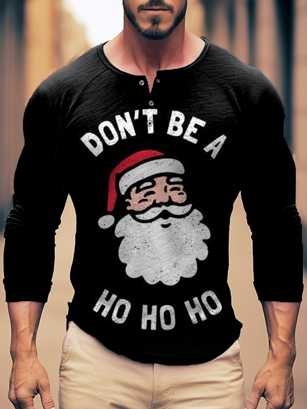 Long-sleeved Button-down Crew Neck Top With Santa Lettering Print