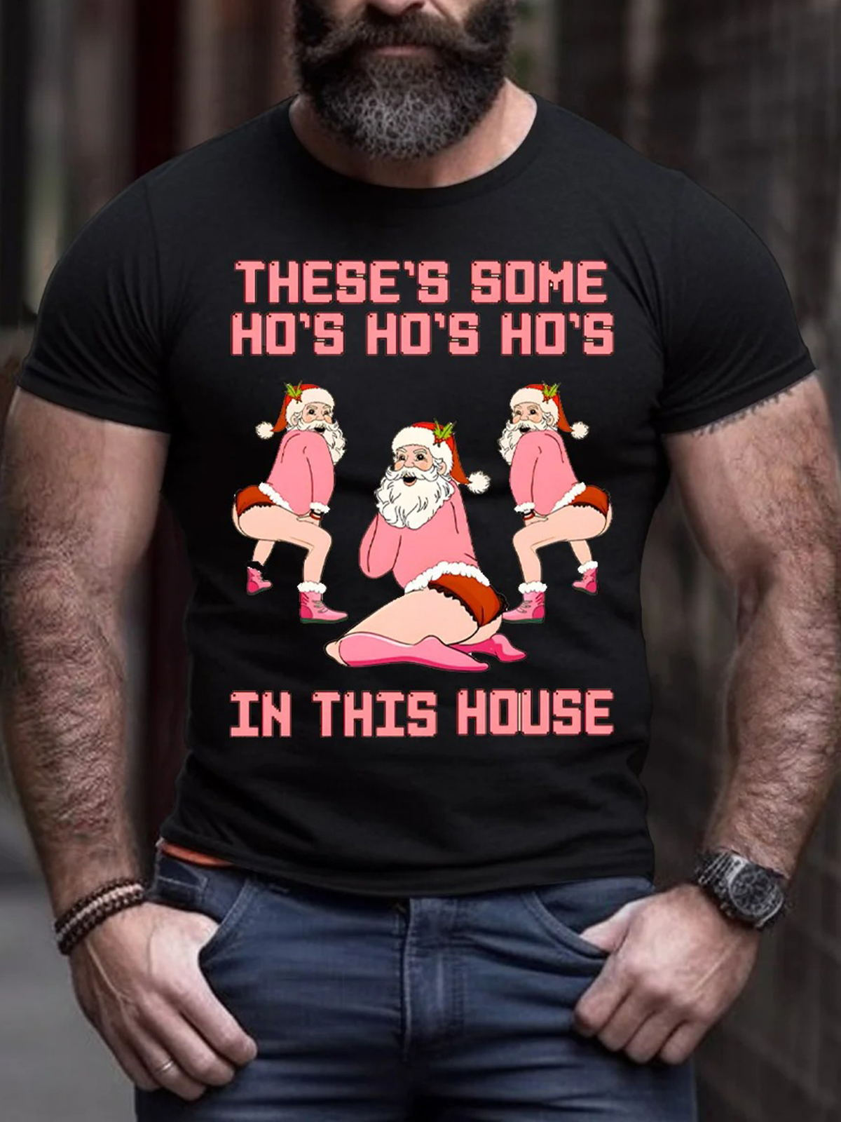 Santa Claus Funny There's Some Ho Ho Ho In This House Round Neck Short Sleeve Men's T-shirt