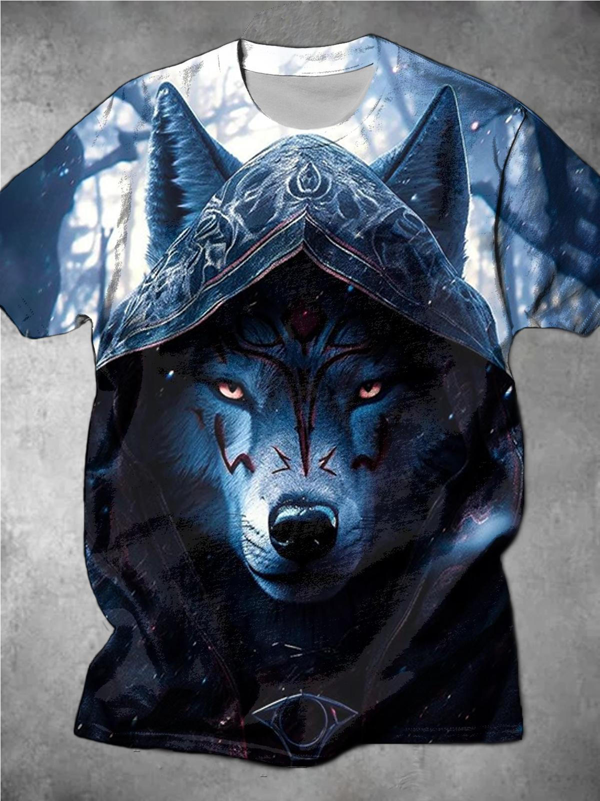Dark Cloak Wolf Head Print Round Neck Short-Sleeved Men's T-Shirt