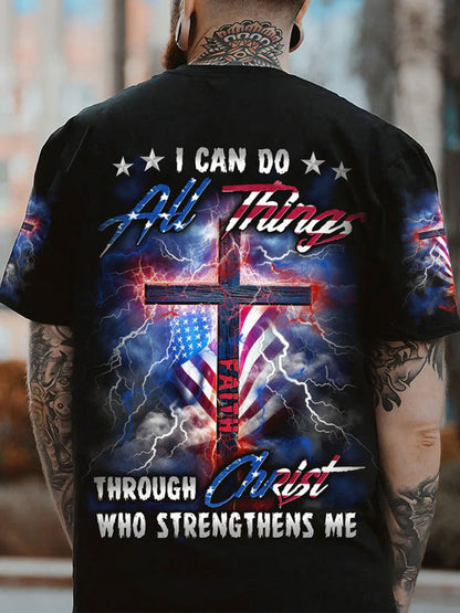 I Can Do All Things Men's All Over Christian Cross Print Round Neck Short Sleeve Men's T-shirt