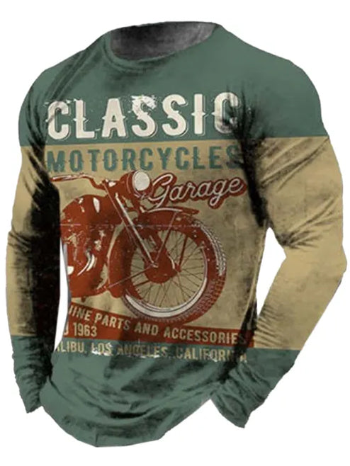 Men's Vintage Motorcycle Print Long Sleeve T-Shirt