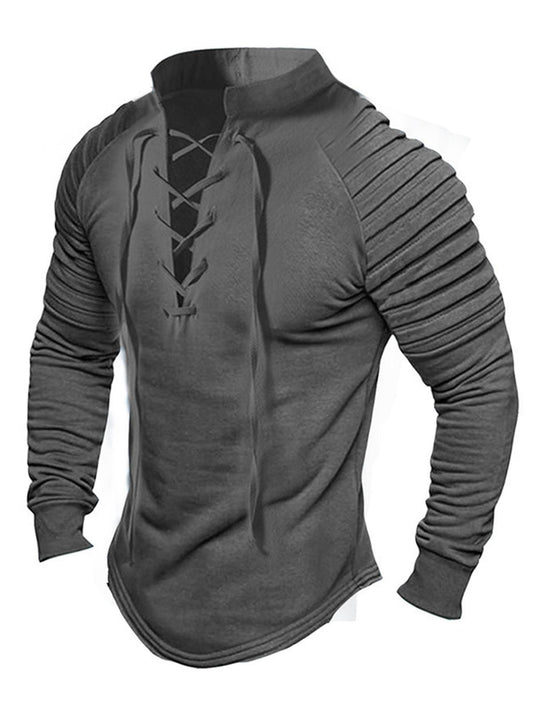 Casual Plain V-Neck Pleated Long Sleeve Men's T-shirt
