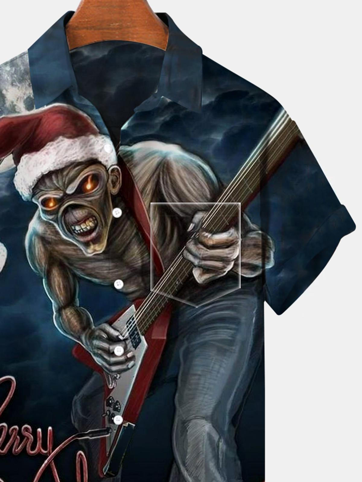 Christmas Skull Guitar Short Sleeve Men's Shirts With Pocket