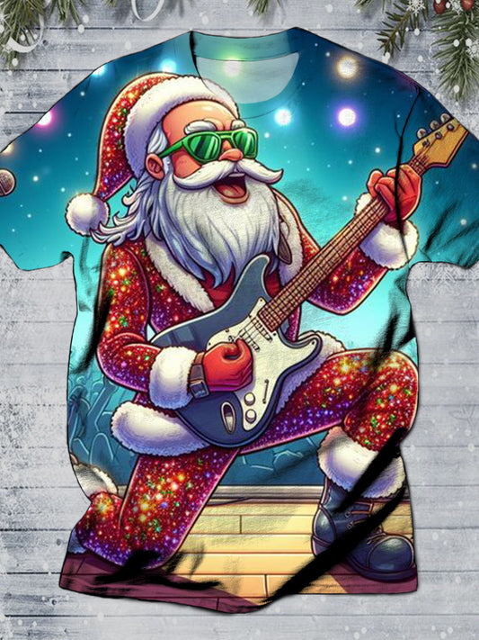 Santa Claus Playing Guitar Round Neck Short Sleeve Men's T-shirt