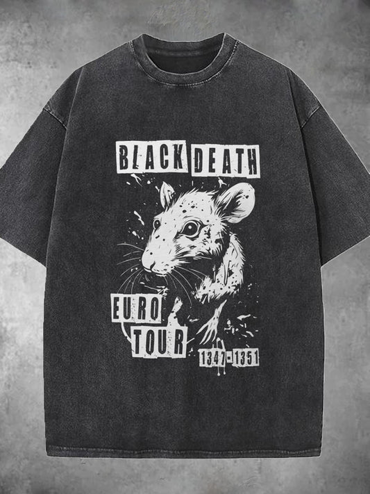 Medieval Black Death Rat Print Washed Short Sleeve Round Neck Men's T-shirt