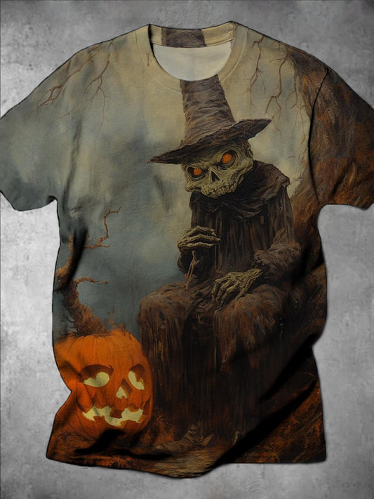 Halloween Skull Pumpkin Print Round Neck Short Sleeve Men's T-Shirt