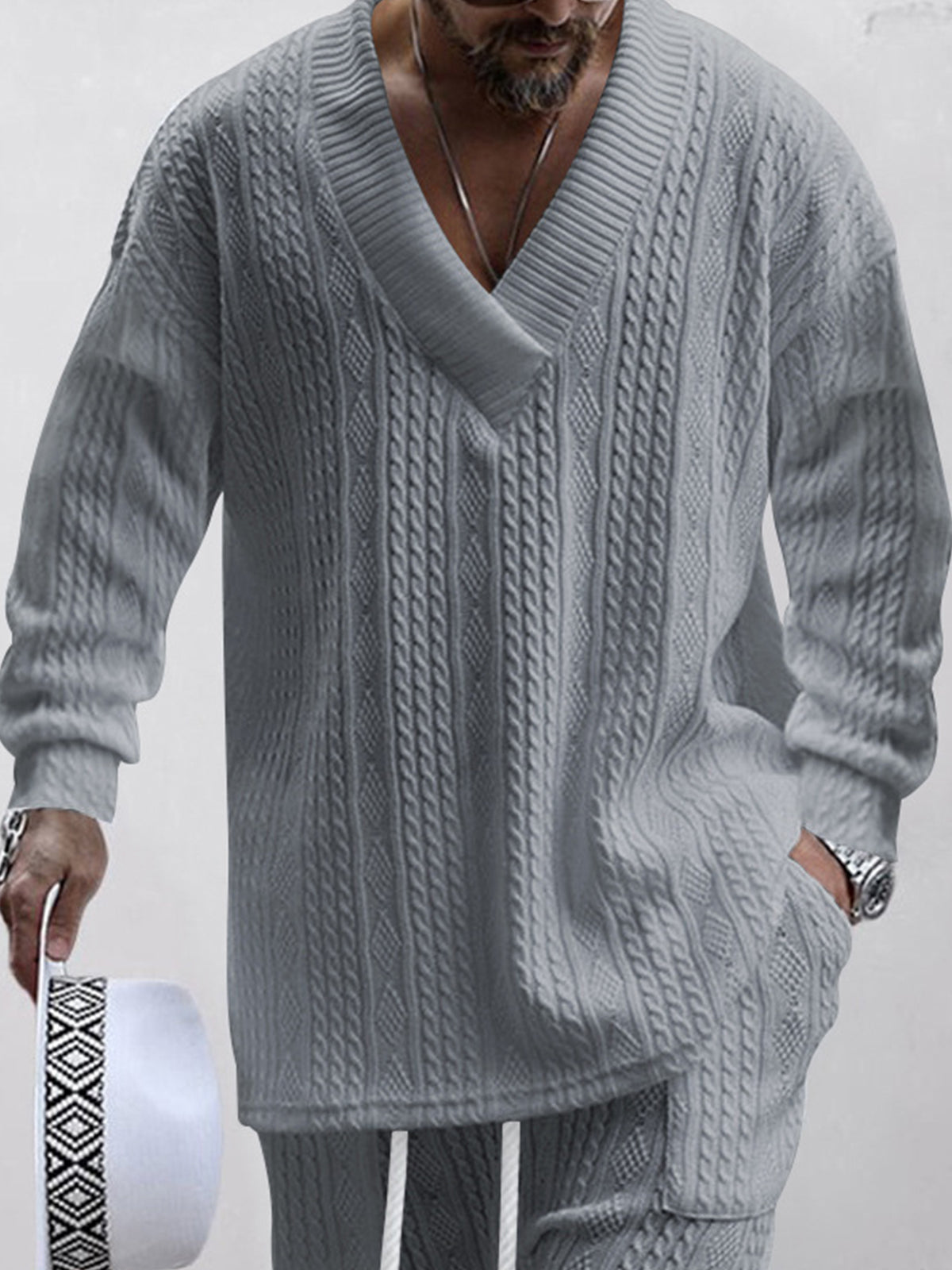 Casual Jacquard Loose Knitted Solid Color V-Neck Long Sleeve Men's Top