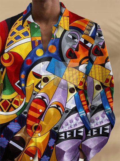 Abstract Face Long Sleeve Men's Shirts With Pocket
