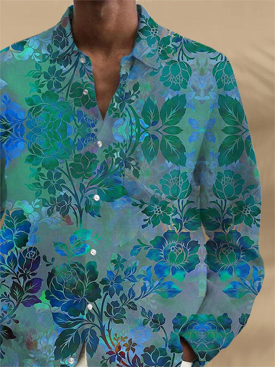 Flower Long Sleeve Men's Shirts With Pocket